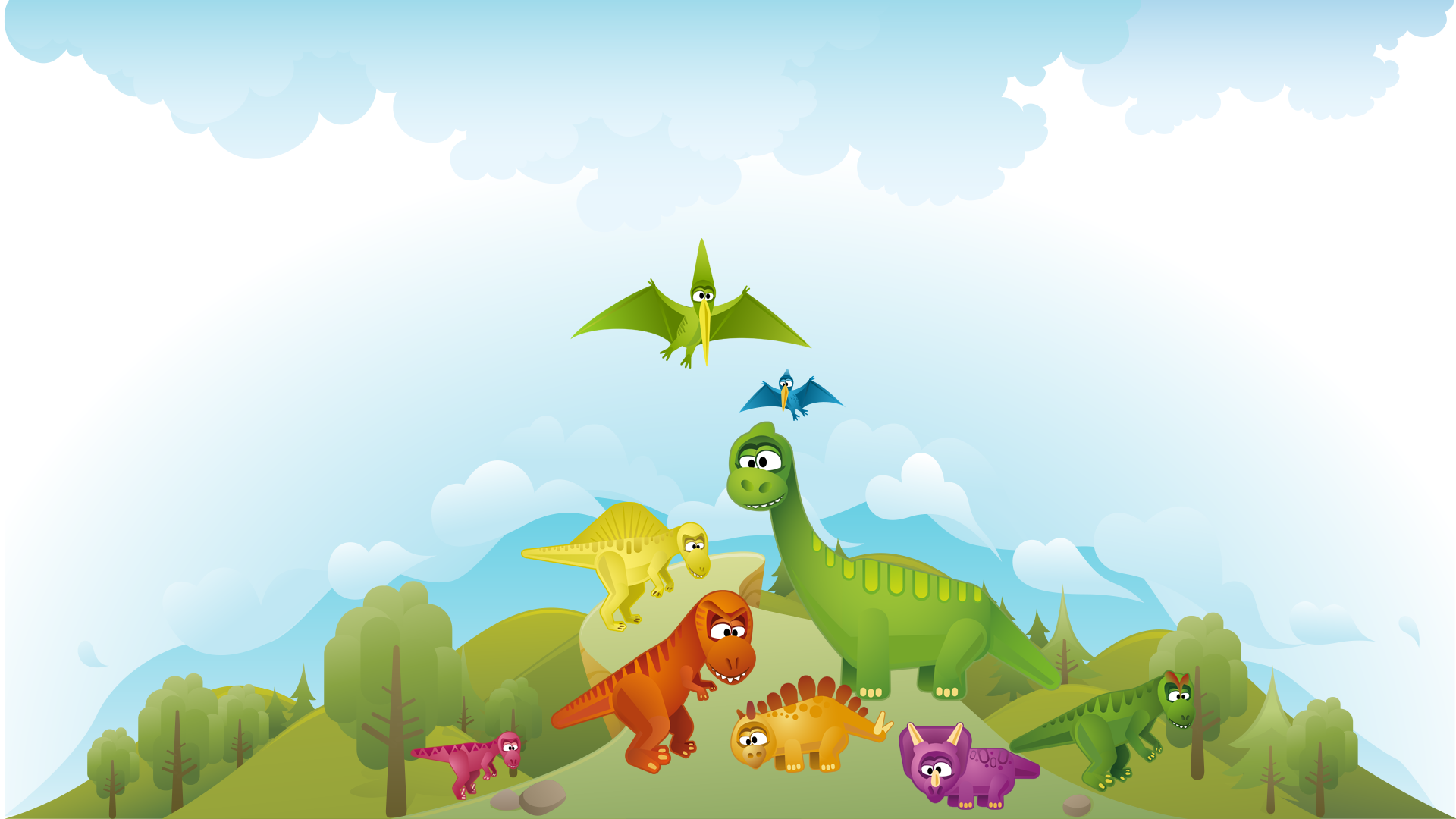 The Dinomus dinosaur friends gathered on a sunny hill